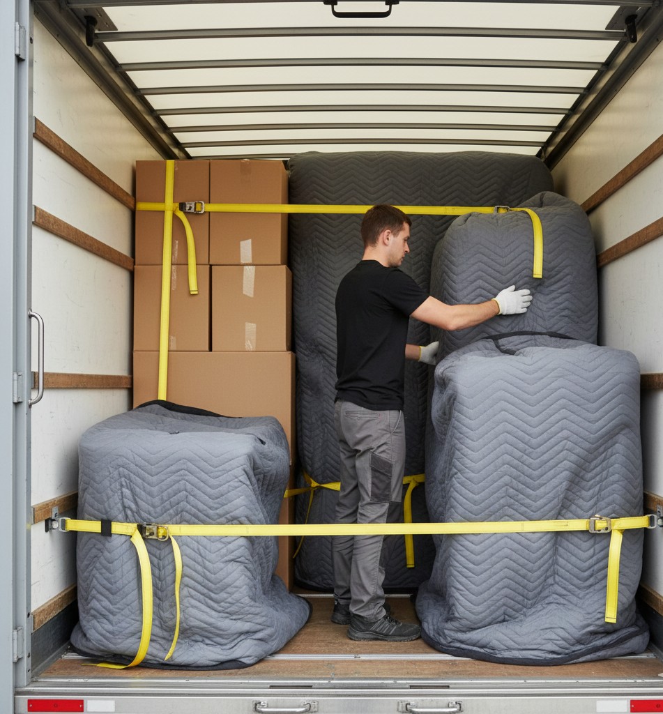 Interieur d’un camion de demenagement avec mobilier protege a Monaco